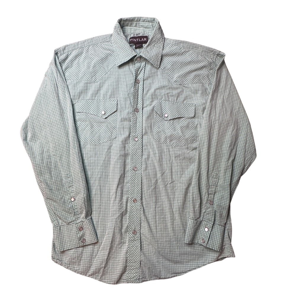Pintlar Western Shirt Mens L Green Pearl Snap Plaid Long Sleeve Button Down